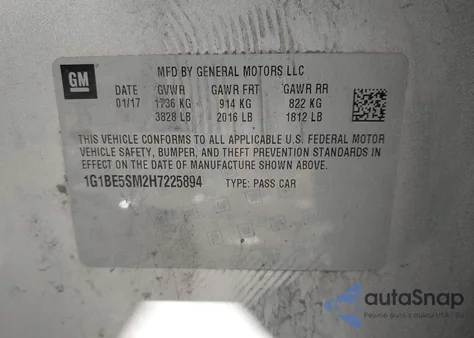 2017 Chevrolet Cruze Lt Auto из США, поврежденный, VIN 1G1BE5SM2H7225894